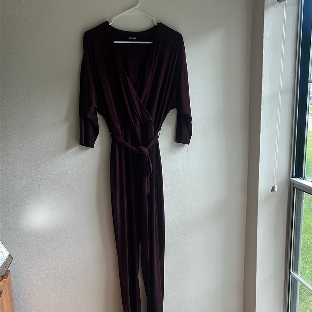 Express Burgundy Surplice Tie Dront Jumpsuit with Wrap Design